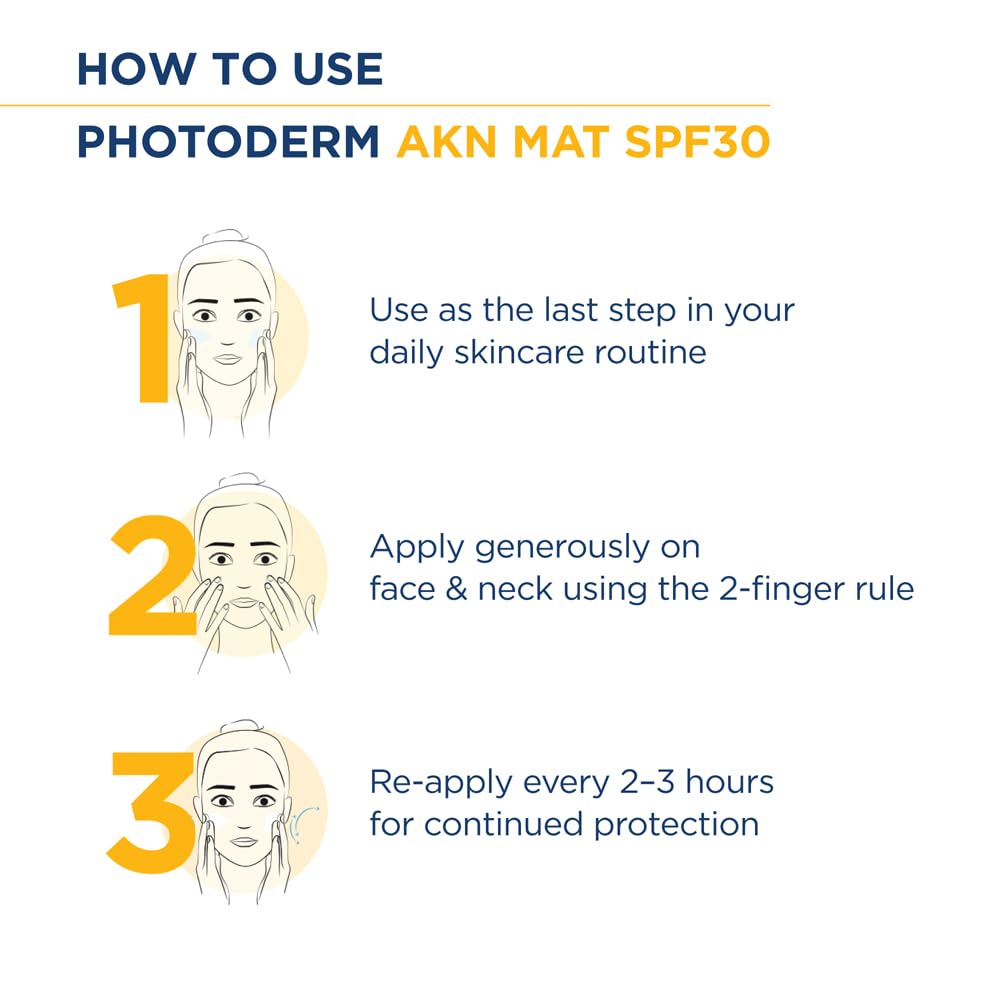 Instructions on how to use Photoderm AKN Mat SPF30 with illustrations and text.