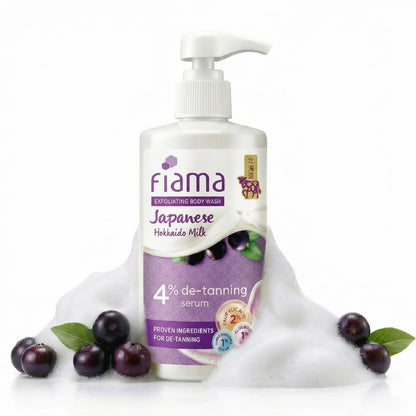 Fiama 4% Detan Serum Exfoliating Body Wash 250ml, 2% Salicylic Acid, 1% Glycolic Acid, 1% Exfoliating Tan Removal Shower Gel, Gently removes dead skin | Exotic Japanese Hokkaido Milk, Punchy Grapefruit Fragrance