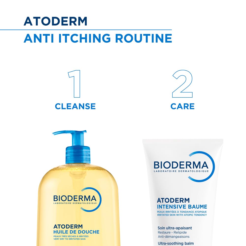 Bioderma Atoderm anti-itching routine with shower gel and balm on a white background