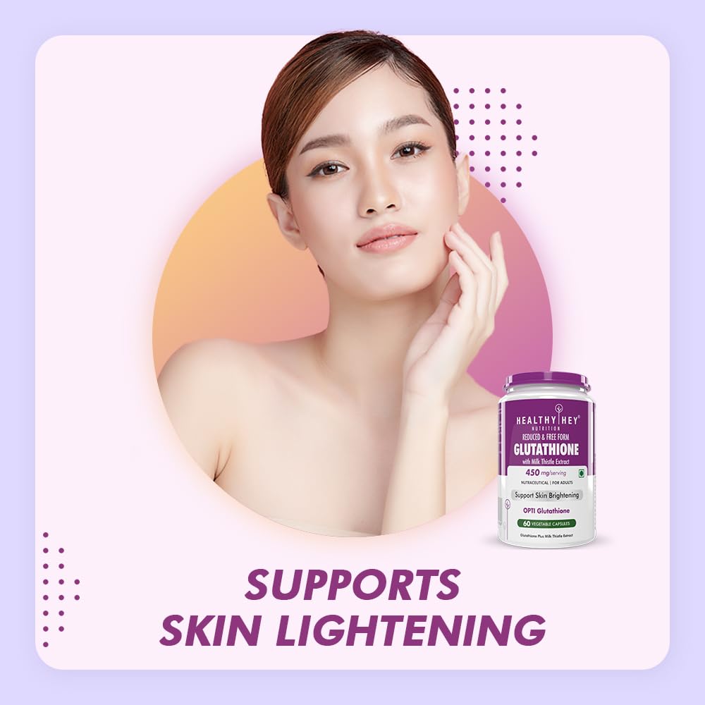 Woman touching her face with a supplement bottle labeled 'Healthy Rey' on a gradient background