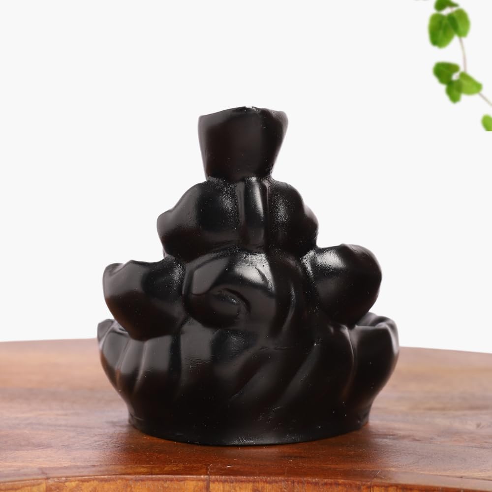 Black Ganesha Idol Waterfall Statue with 8 Incense Smoke Back Flow Fountain Cone Incense Holder | for Table, Living Room, Home Decorative Item