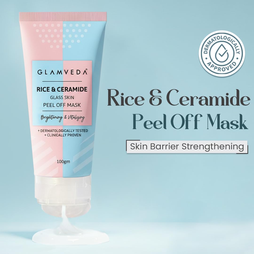Glamveda Korean Rice & Ceramide Peel Off Mask for Men & Women | Brightening Face Pack for Even Tone Complexion & Anti-Ageing Care | Nourishes Dry & Dull Skin | Dermatologically Tested (100gm)