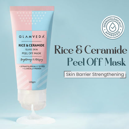 Glamveda Korean Rice & Ceramide Peel Off Mask for Men & Women | Brightening Face Pack for Even Tone Complexion & Anti-Ageing Care | Nourishes Dry & Dull Skin | Dermatologically Tested (100gm)