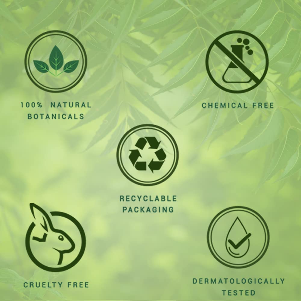 Set of green icons representing natural, chemical-free, recyclable packaging, cruelty-free, and dermatologically tested products on a green leafy background.