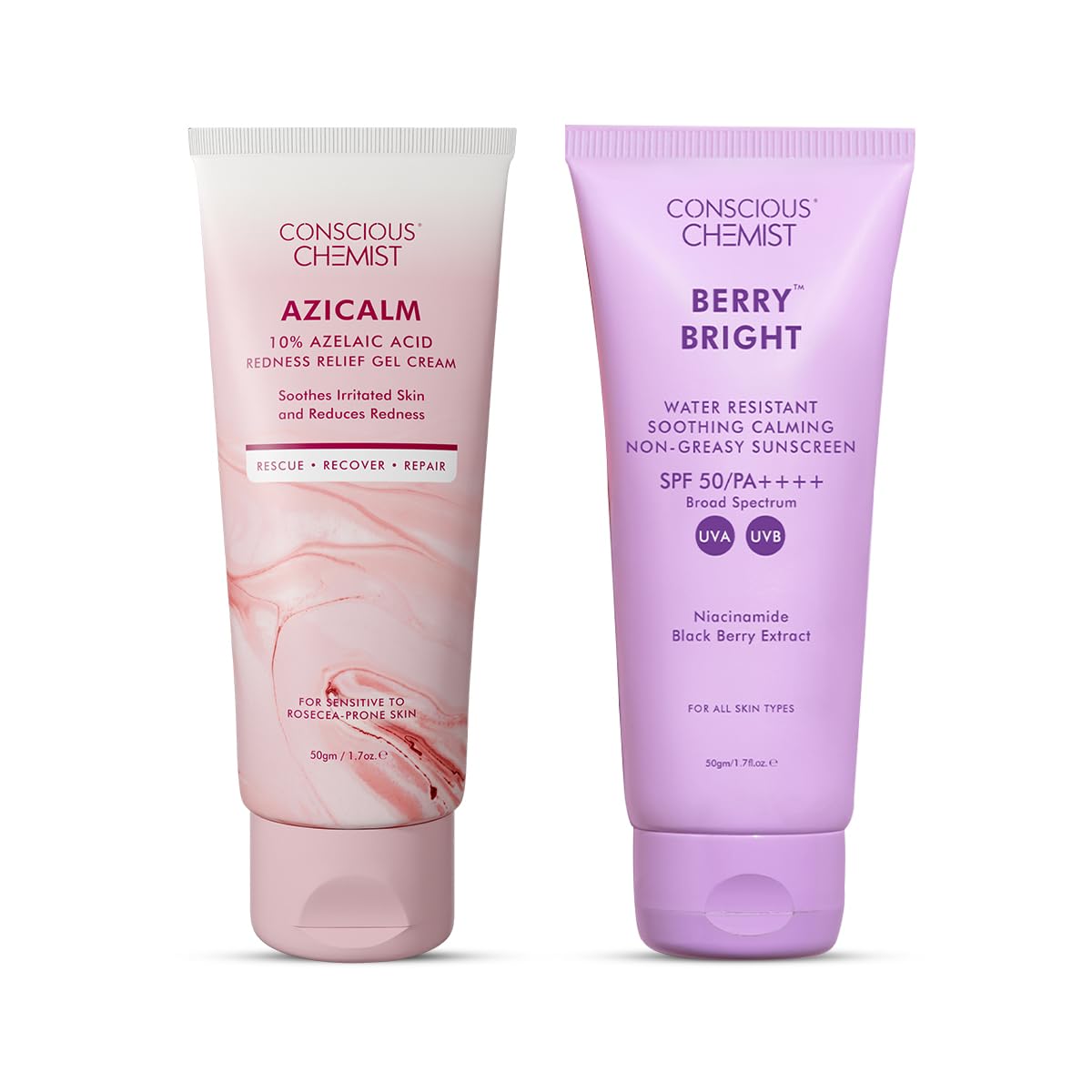 Conscious Chemist® Sunscreen & Azelaic Acid Cream Combo | SPF 50 PA++++ In-Vivo Tested | Sunscreen with Niacinamide & Blackberry | 10% Azelaic Acid Face Cream for Acne-Prone Skin, Redness Relief | All Skin Types - Berry Bright & Azicalm