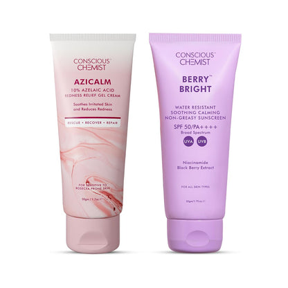 Conscious Chemist® Sunscreen & Azelaic Acid Cream Combo | SPF 50 PA++++ In-Vivo Tested | Sunscreen with Niacinamide & Blackberry | 10% Azelaic Acid Face Cream for Acne-Prone Skin, Redness Relief | All Skin Types - Berry Bright & Azicalm