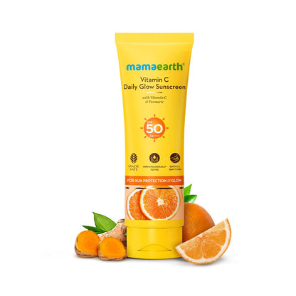 Mamaearth Vitamin C Daily Glow Sunscreen with Vitamin C & Turmeric for Toxin free Sun Protection - 125g | SPF 50 & PA++++ | Vitamin C for Glow | Turmeric Detans | In-Vivo Tested | Natural Goodness | Quick Absorbing
