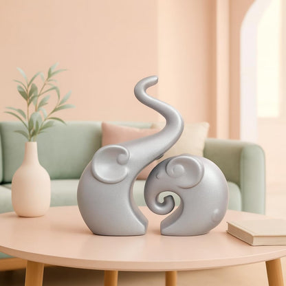 Muted Metallic Matte Silver Home Decor Elephant Couple Ceramic Figurines | Launched for the First time in India - (Set of 2, Silver)