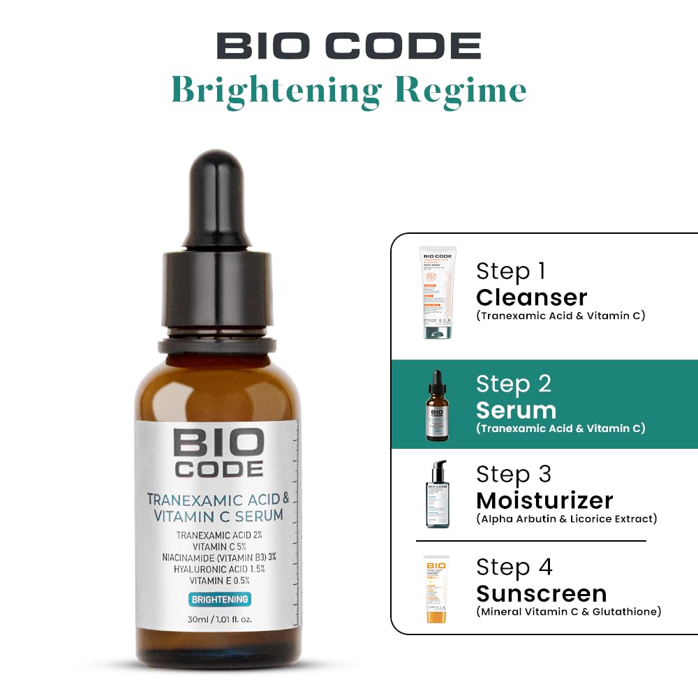 Bio Code 2% Tranexamic Acid & 5% Vitamin C Radiance Renewal Serum (30ml) – with 3% Niacinamide, 1.5% Hyaluronic Acid & 0.5% Vitamin E | Dermatologist Recommended