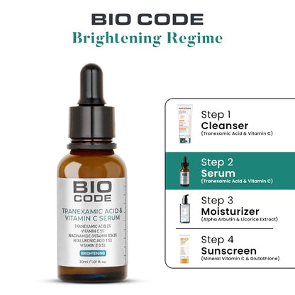 Bio Code 2% Tranexamic Acid & 5% Vitamin C Radiance Renewal Serum (30ml) – with 3% Niacinamide, 1.5% Hyaluronic Acid & 0.5% Vitamin E | Dermatologist Recommended