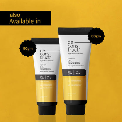 Two tubes of de construct sunscreen on a yellow background