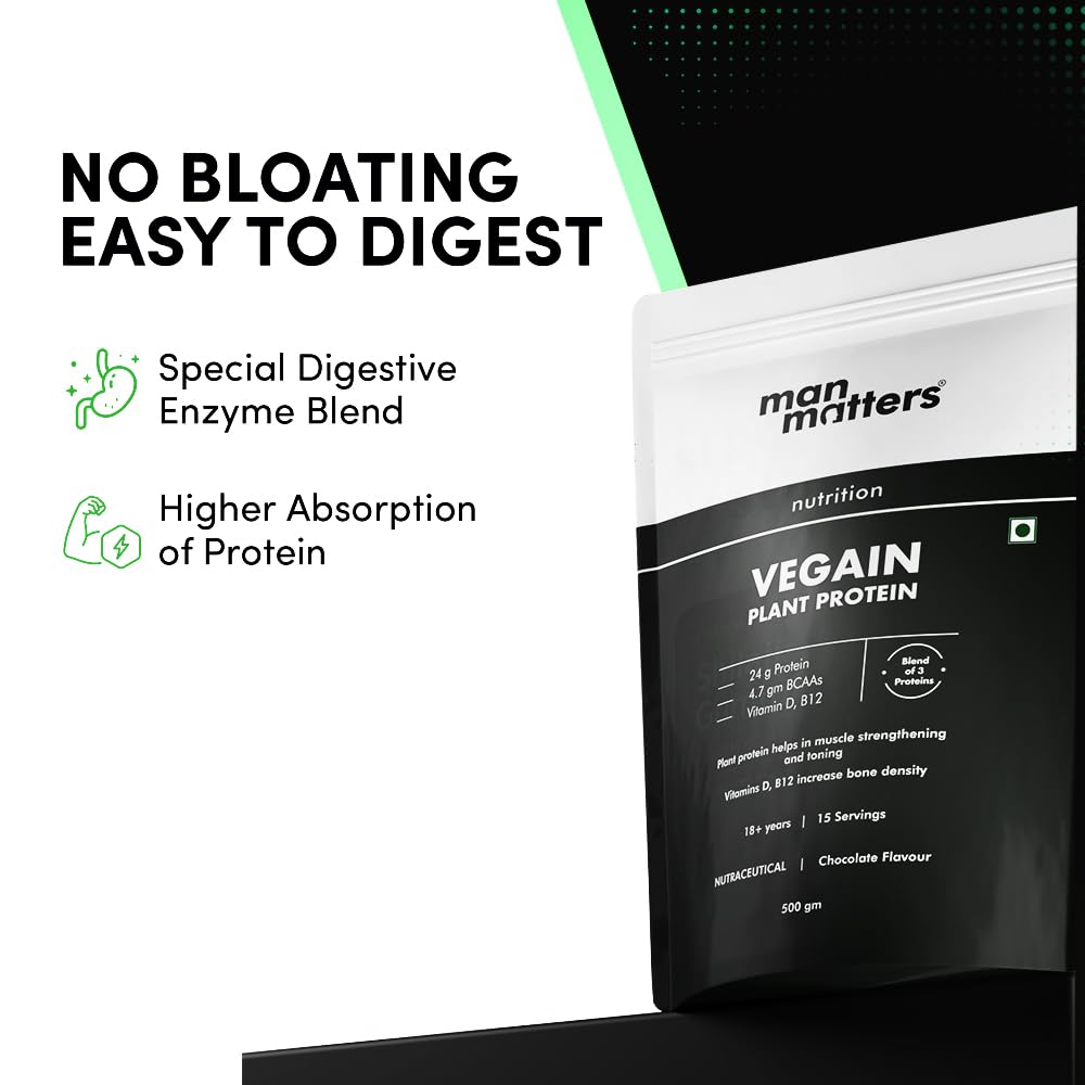 Man Matters VEGAIN Plant Protein Powder for Men | 100% Vegetarian | Made with Pea, Brown Rice, Moong Bean and Whole Algae | Gluten Free, Dairy Free & Soy Free | 500 grams