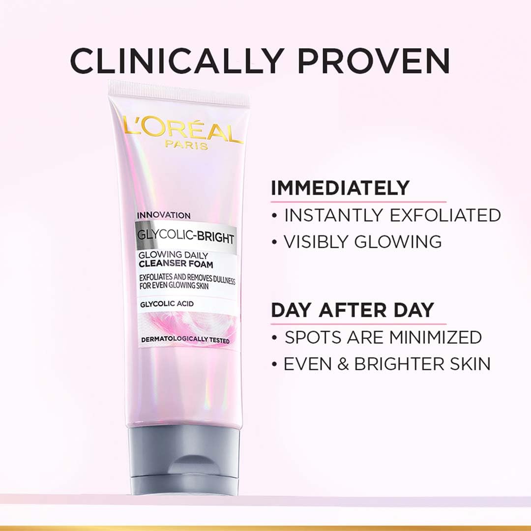 L'Oréal Paris Glycolic Bright Daily Foaming Face Cleanser, 100ml Glycolic Acid face wash | For dull skin | gently cleanses skin | Non-Drying