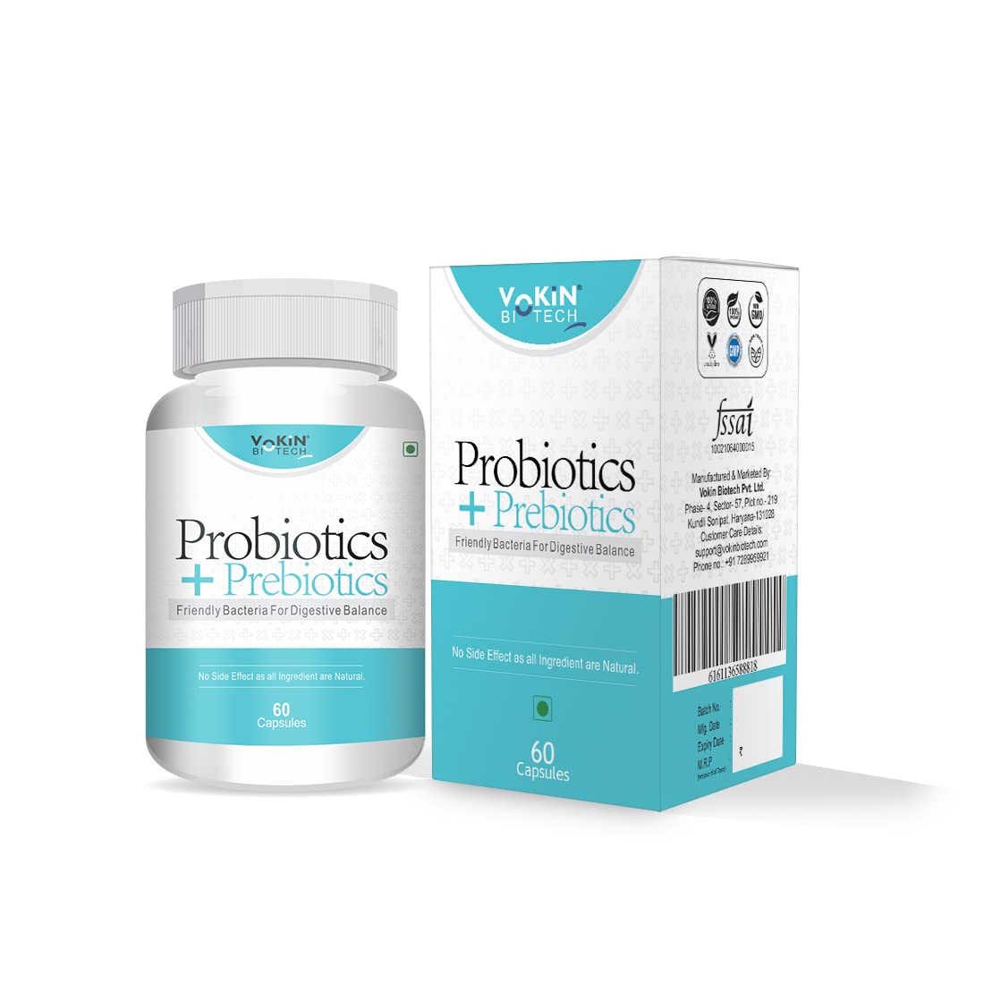 Probiotics and prebiotics supplement bottle and packaging on a white background