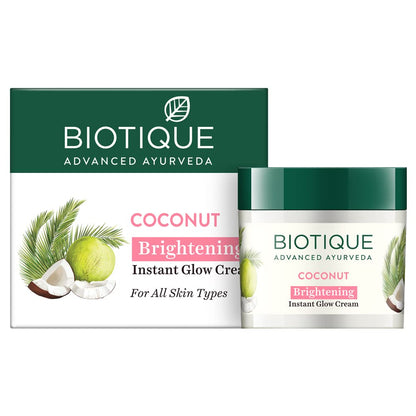 Biotique Coconut Brightening Instant Glow Cream packaging on a white background