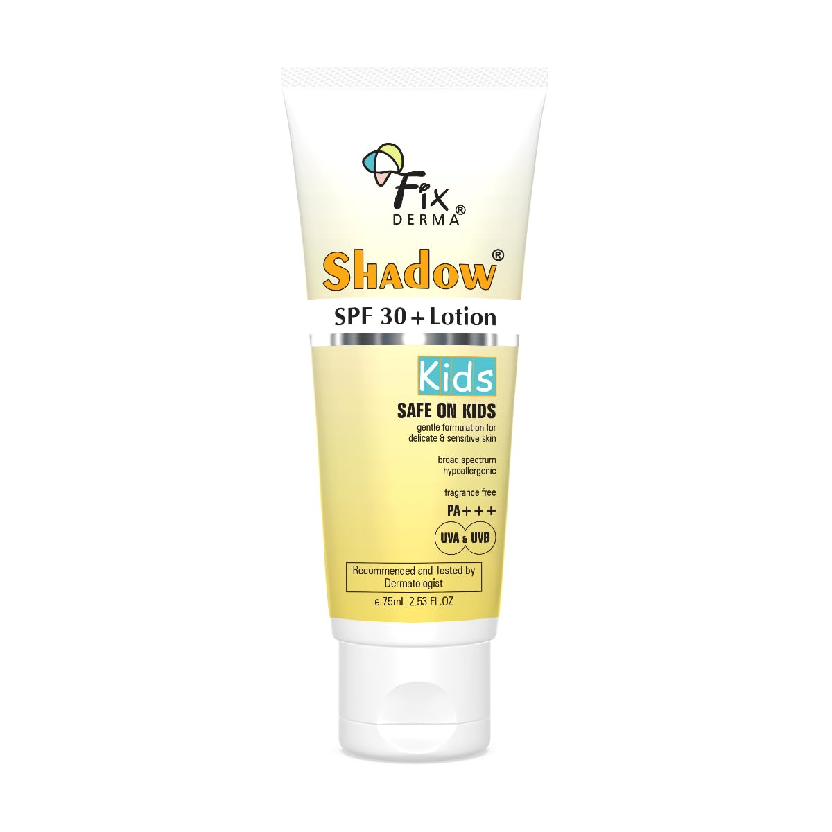 Fixderma Shadow Sunscreen SPF 30+ Lotion for Kids PA+++ | Sensitive Skin, Body & Face | Broad Spectrum Sunscreen for UVA & UVB Protection,Non Greasy & Water Resistant - 75gm