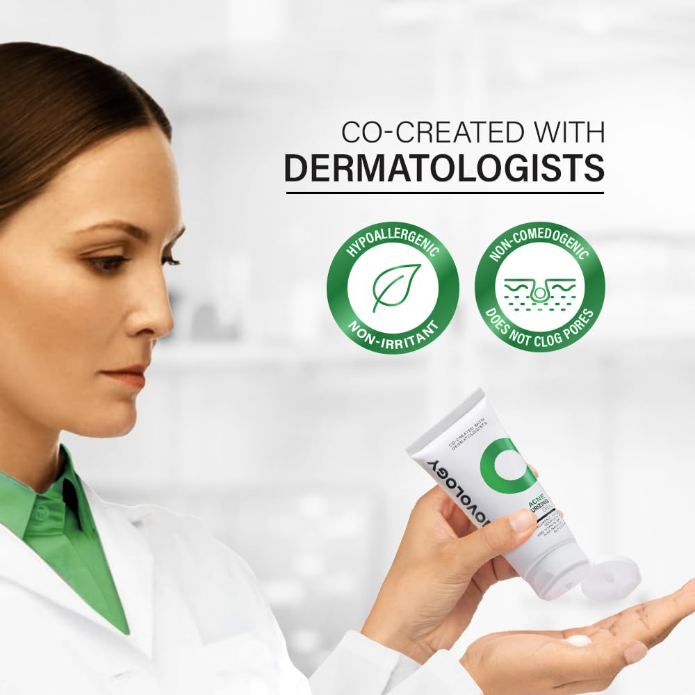 Woman holding a dermatologist-created skincare product with labels indicating hypoallergenic and non-irritant properties.