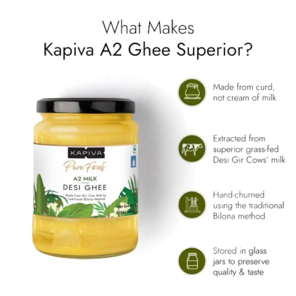 Kapiva Certified A2 Gir Cow Ghee 500ML | Traditional Vedic Bilona Method | Grassfed, Pure & Healthy | Curd-Churned | Premium Glass Bottle | 100% Natural & Lab-Tested | Rich in Nutrition