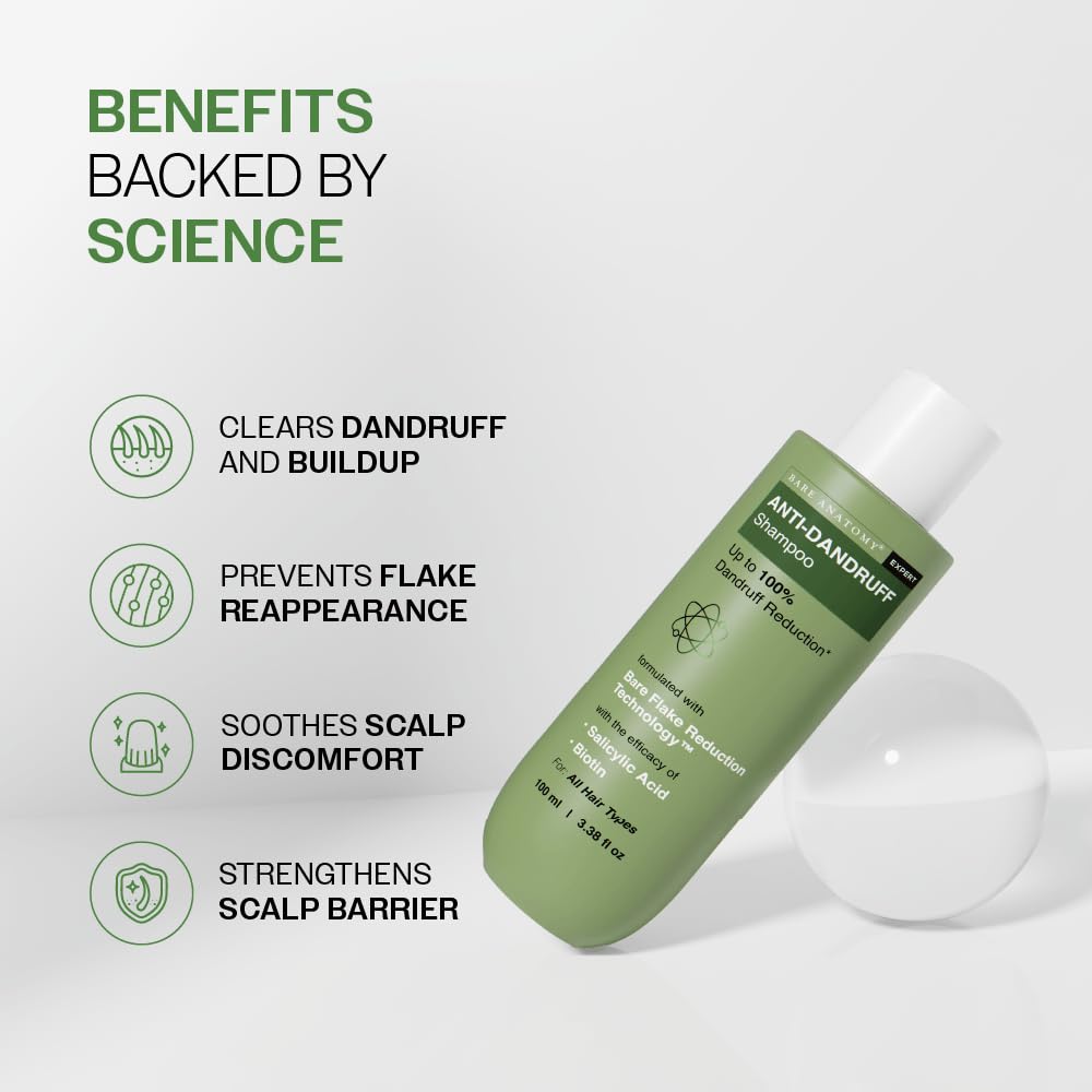 Bare Anatomy Anti Dandruff Shampoo | Reduces Up to 100% Dandruff and Strengthens Hair | Derma Approved Shampoo with Salicylic Acid & Biotin | Helps Remove Flakes and Itching | Shampoo For All Hair types | For Women And Men | 100ml