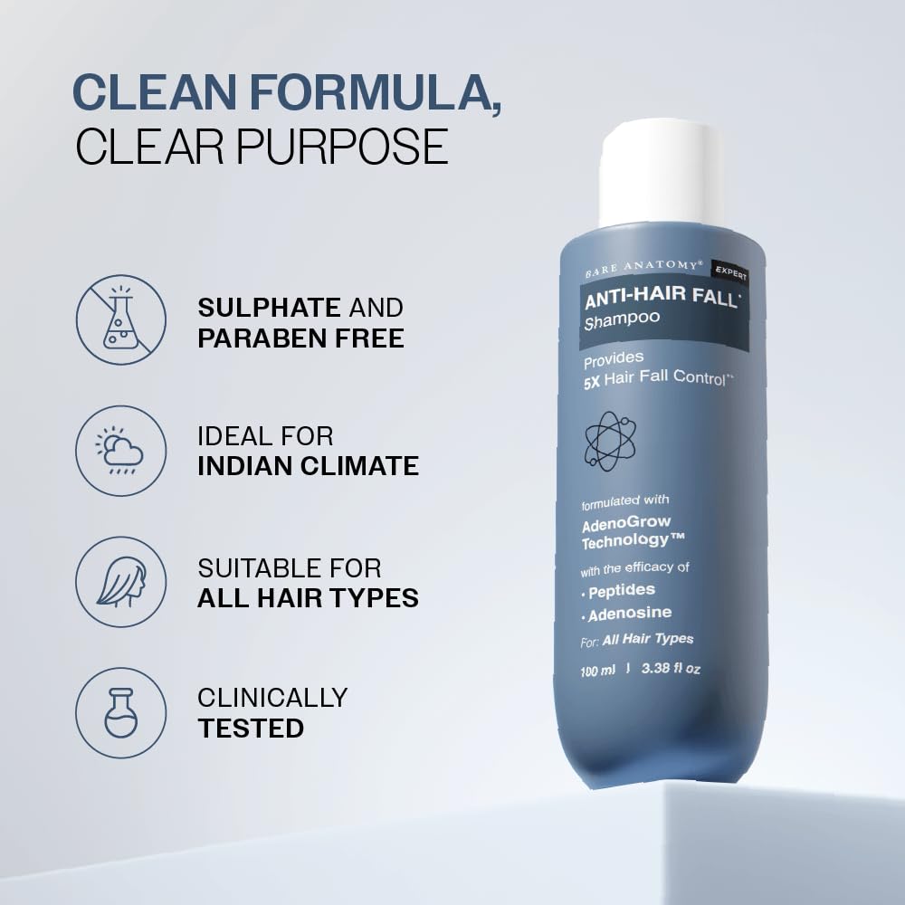 Blue shampoo bottle with text highlighting features on a light gray background