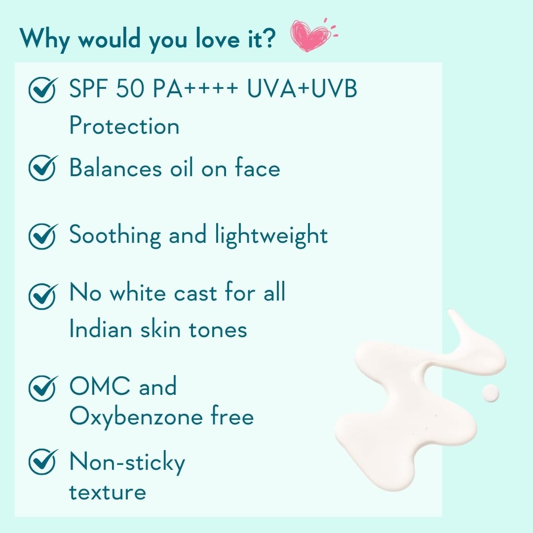 List of product features on a light blue background with a pink heart icon.