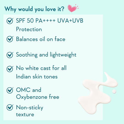 List of product features on a light blue background with a pink heart icon.