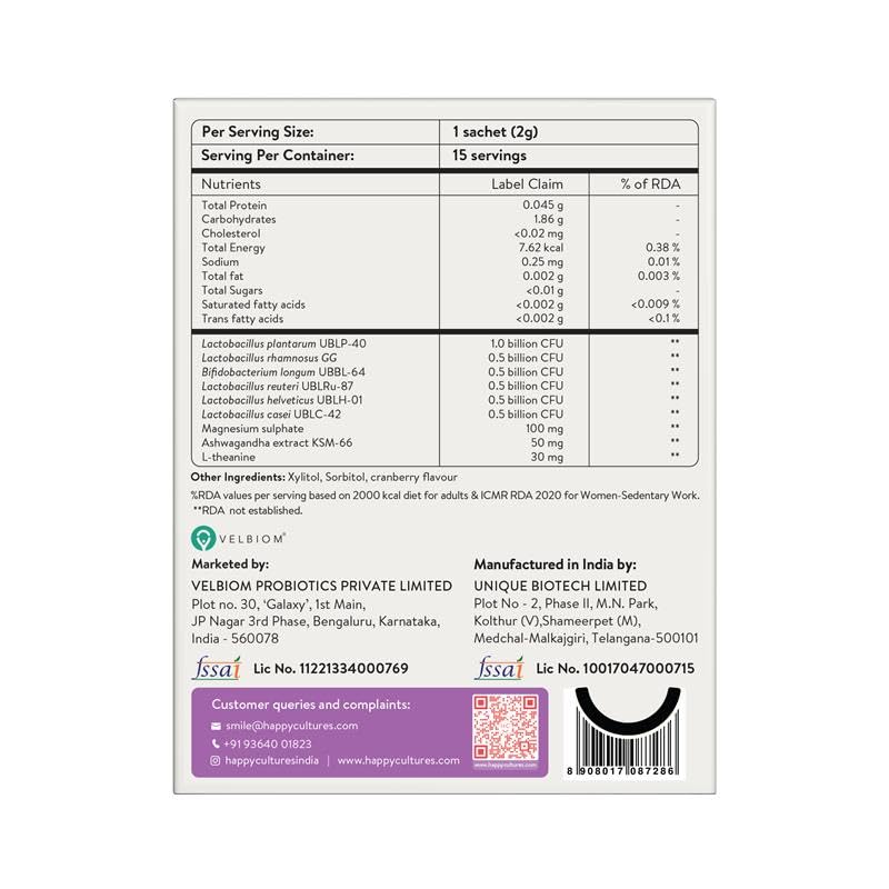 Happy Cultures Stress Who - Ashwagandha KSM66, Magnesium & L-Theanine, Probiotics blend, Anxiety & Stress Relief For Men & Women | Supports Relaxation | Clinically tested, No Side Effects | Lemon & Ginger Flavored - 15 x 2g (Sachets)