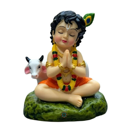 Laddu Gopal Idol with Cow, Resin Bal Krishna Murti for Car Dashboard, Home Temple, Office Desk & Pooja Room, Krishna Statue for Janmashtami, Housewarming & Spiritual Gift, 8 cm
