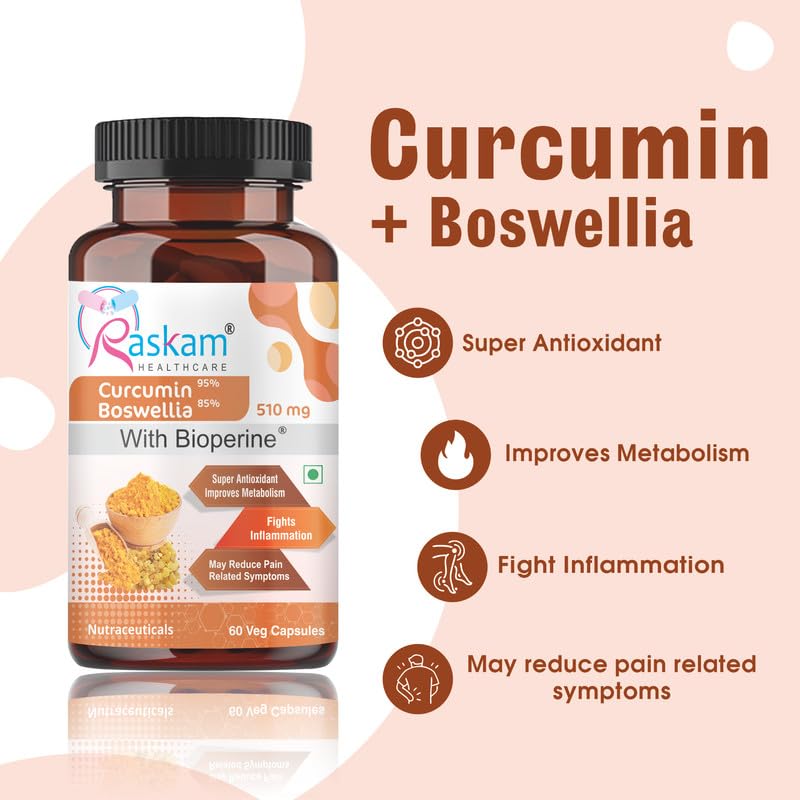 Raskam Curcumin + Boswellia supplement bottle with product details on a beige background
