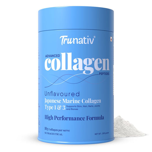 Trunativ Collagen Supplements | Advanced Japanese Marine Collagen Powder for Women & Men | Type 1 and 3 Hydrolyzed Peptides | Supplement with Hyaluronic Acid | Supports Skin Glow, Hair Growth, and Nail Strength | Unflavoured (200g)