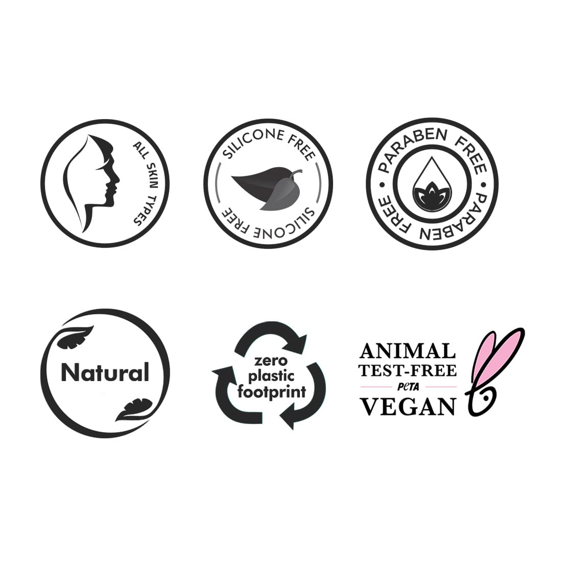 Set of black and white icons representing various product attributes on a white background.