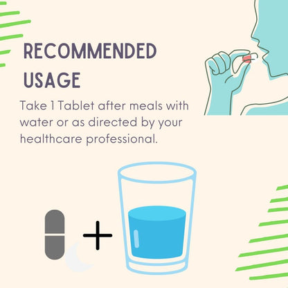 Drug usage instructions with a pill, glass of water, and hand holding a pill illustration.