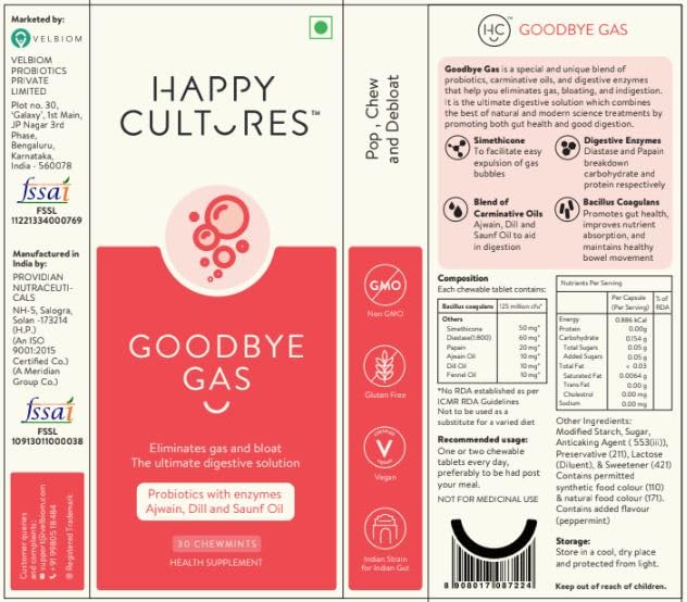 VELBIOM Happy Cultures Goodbye Gas, All Types of Gas Relief, Unique Blend of Probiotics 125 Million CFU, Ajwain Oil, Saunf Oil, Digestive Enzymes, Alleviates Gas, Bloating & Indigestion -30 Chewables