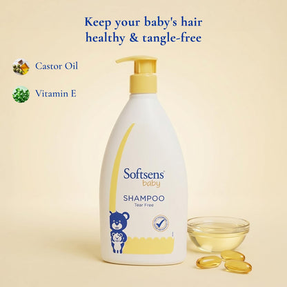 Softsens Baby Tear-Free Shampoo 500ml | Enriched with Castor Oil | Ultra-Mild,Dermatologically, Hypoallergenic, Paraben & Sulfate-Free Formula for Babies