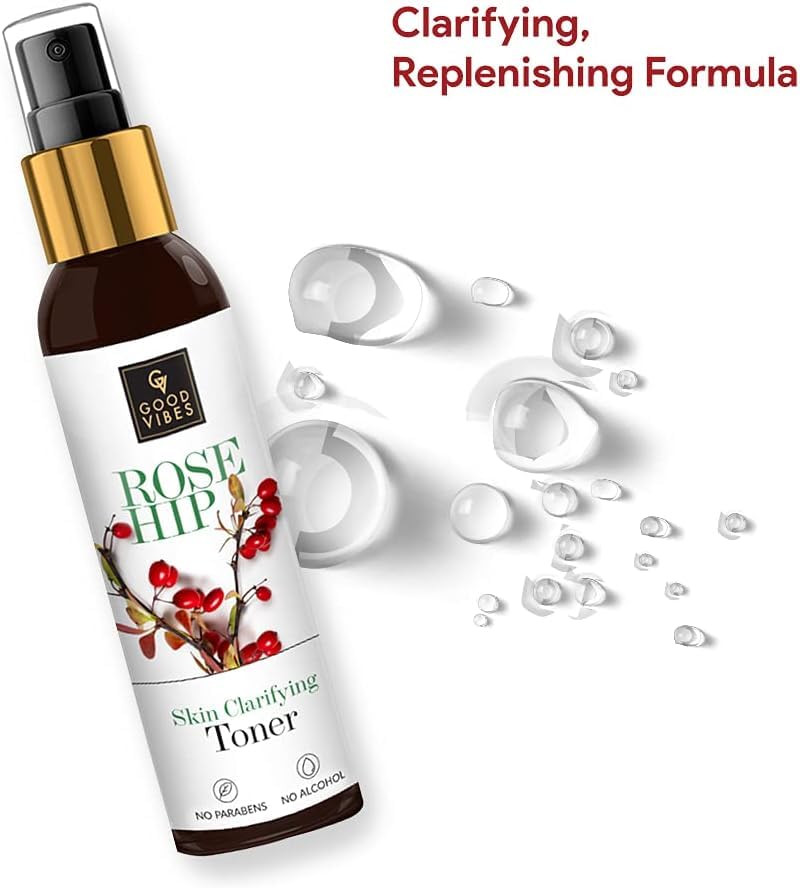 Good Vibes Rosehip Clarifying Toner 120 ml, Anti Ageing Hydrating Light Weight Moisturizing Revitalising Spray Toner for Face and Skin, Natural, No Alcohol, Parabens & Sulphates, No Animal Testing