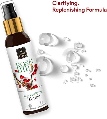 Good Vibes Rosehip Clarifying Toner 120 ml, Anti Ageing Hydrating Light Weight Moisturizing Revitalising Spray Toner for Face and Skin, Natural, No Alcohol, Parabens & Sulphates, No Animal Testing