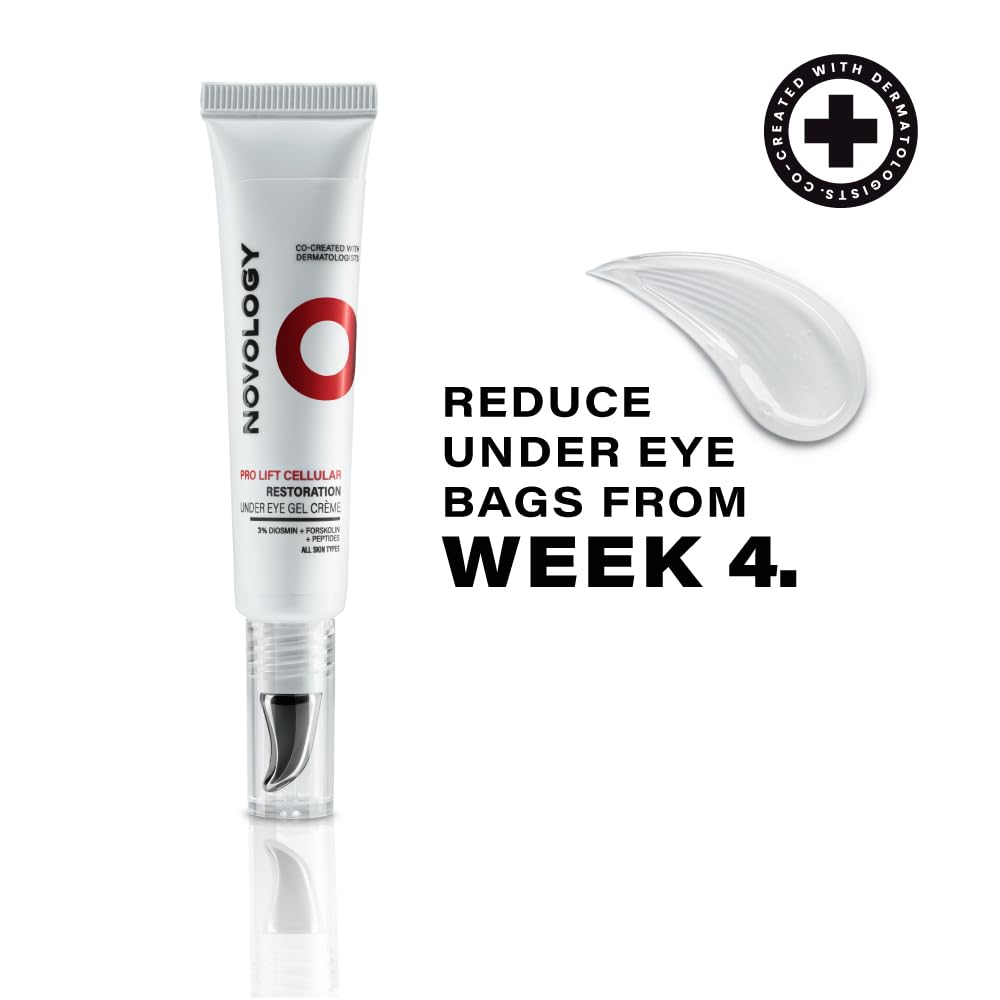 Novology eye cream tube with a swatch of cream and text on a white background