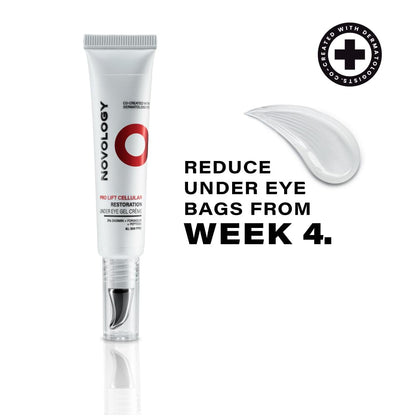 Novology eye cream tube with a swatch of cream and text on a white background