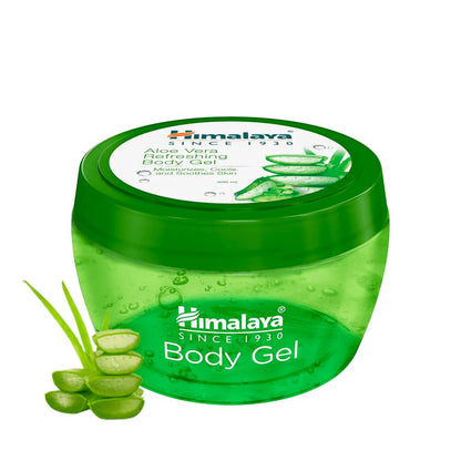 Green jar of Himalaya Body Gel with aloe vera leaves on a white background