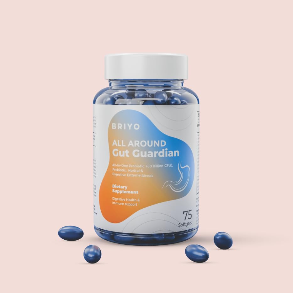 Supplement bottle labeled 'All Around Gut Guardian' by Briyo on a light pink background
