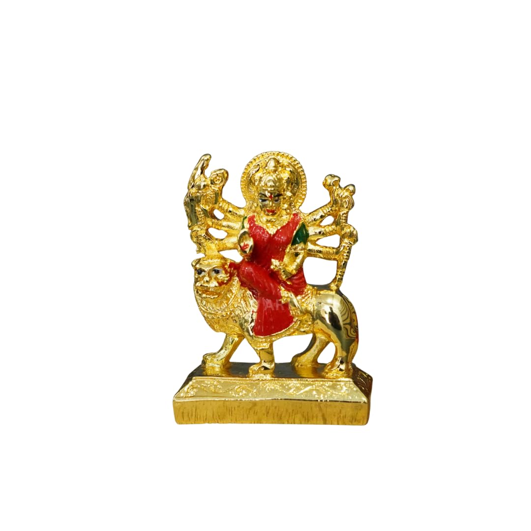 Gold Art India Gold Plated Ambe MATA Idol – Small Murti with Red & Green Attire | Goddess Durga Sitting on Lion – 2.7 Inch Poly-Resin Statue for Car Dashboard, Home & Office Worship