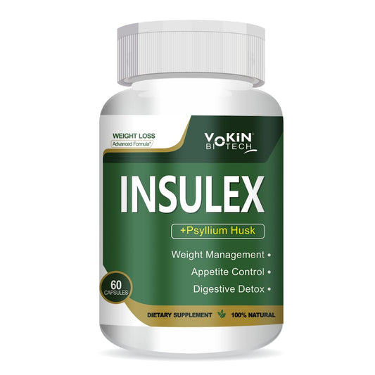 Vokin Biotech Insulex dietary supplement bottle on a white background