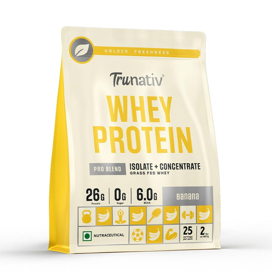Trunativ Pro Blend Whey Protein Powder Isolate & Concentrate | 100% Light & Clean Protein Powder | 26g Protein | 6g BCAA | 12.52g EAA | No added sugar | Banana 2lbs (907g)