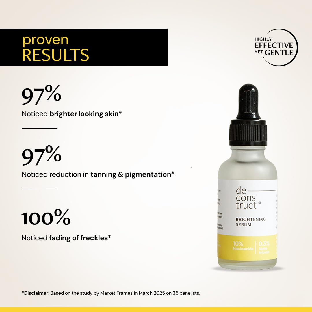 Bottle of de construct brightening serum with text highlighting results on a beige background