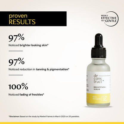 Bottle of de construct brightening serum with text highlighting results on a beige background