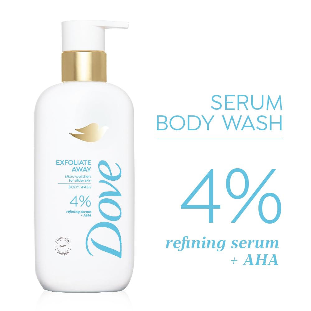 DOVE Exfoliate Away Serum Body Wash, 300 ml, for Refined and Silky Skin, with 4% Refining Serum + AHA, Dermatologist Co-Created, Paraben & SLS Free