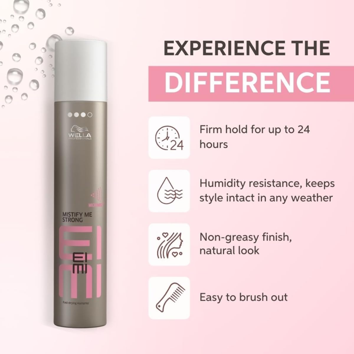 Wella EIMI hair product with features on a pink background