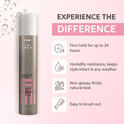 Wella EIMI hair product with features on a pink background