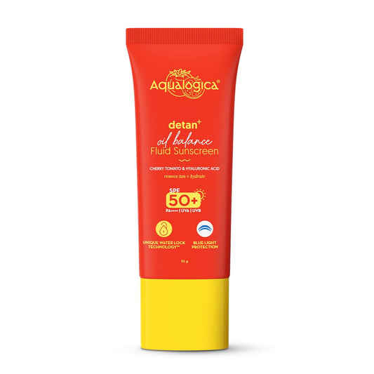 Aqualogica Detan+ Oil Balance Fluid Sunscreen for Oily Skin - 50 g | Water-like Fluid Texture | SPF 50+ PA++++ UVA & UVB Protection | Reduces Tan | Oil Free | Balances Excess oil | Non Greasy | No White Cast | For Men & Women