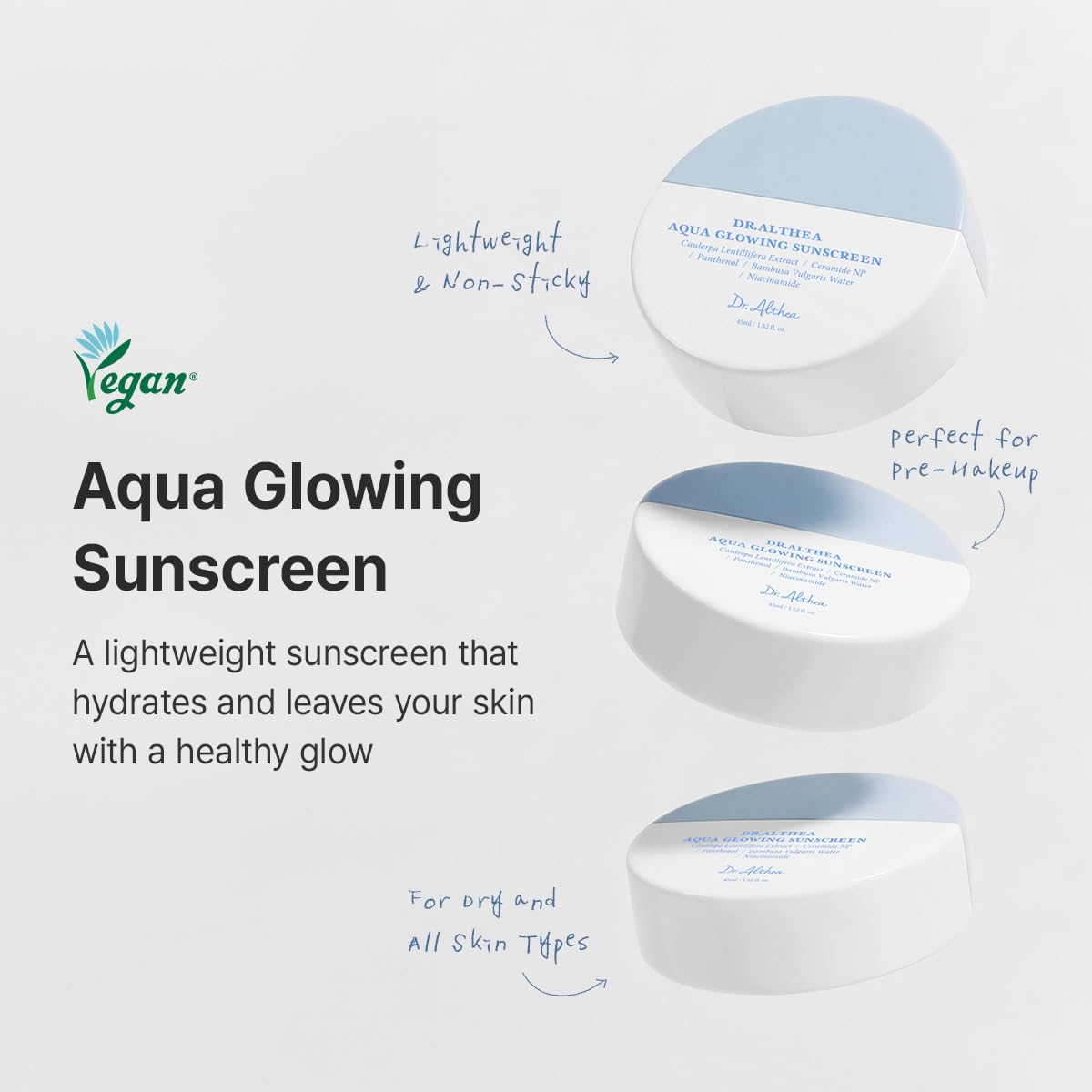 Three containers of Aqua Glowing Sunscreen with text highlighting its features on a light gray background.